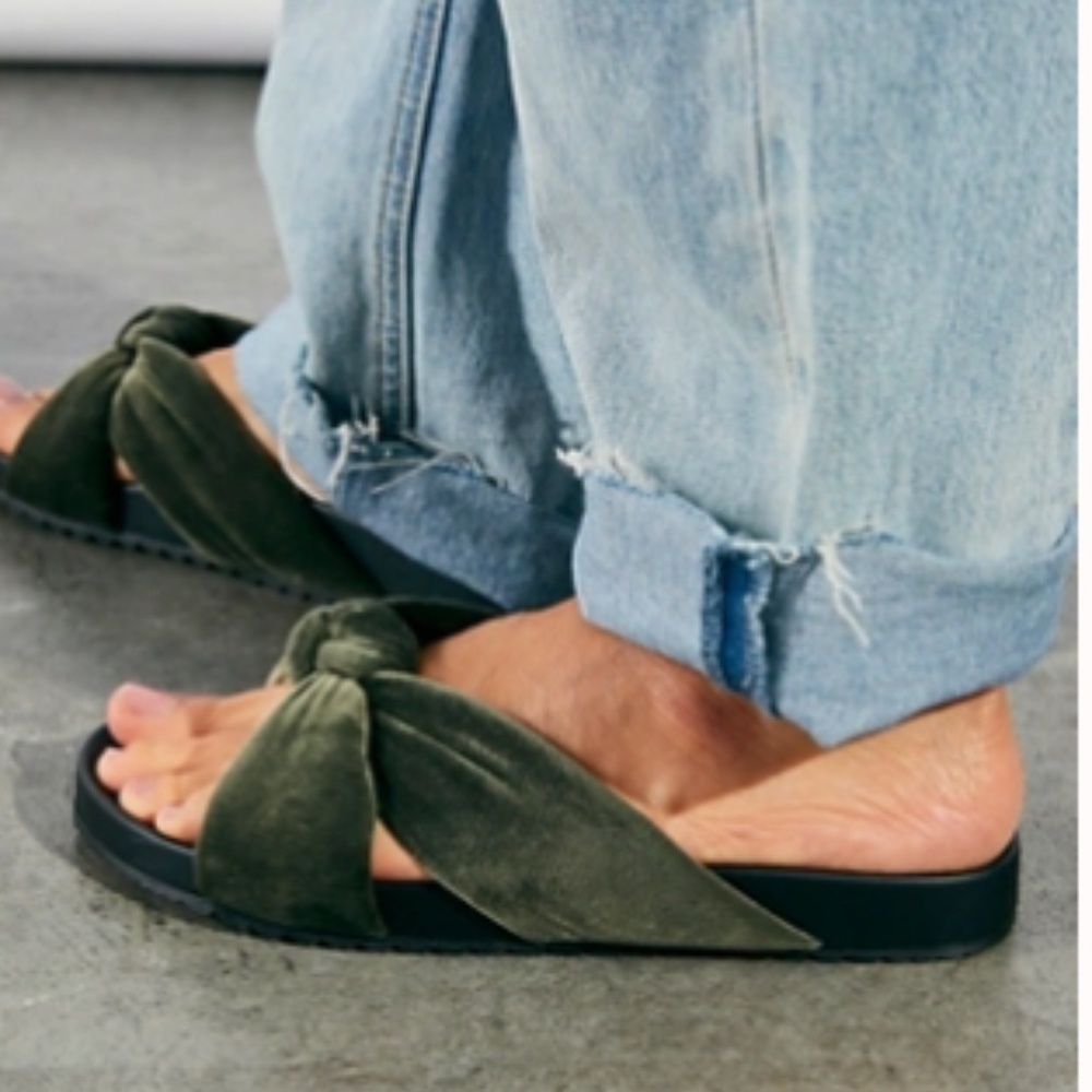 Free People Coconuts by Matisse Velvet View Footbed Sandals Olive US 6/EU 37